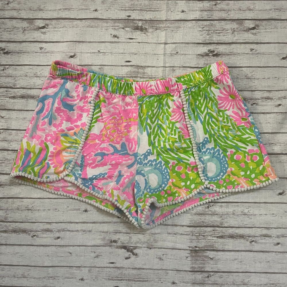 Lilly Pulitzer Girls Size XL  Pull On Floral Shorts Multi White Pom Pom Trim